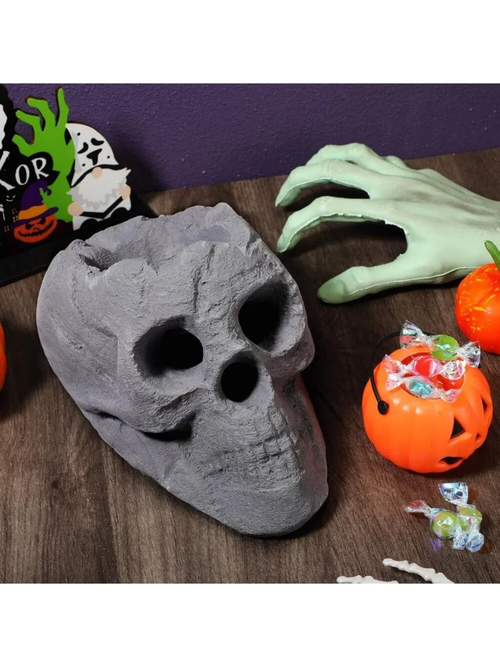 4 Pack Skull Fire Pit Decor - 8.7 Inch Halloween Decorations, Gray Outdoor